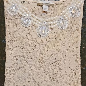 Boston Proper Lace Round Neck with Rhinestone and Pearls 3/4 sleeve top